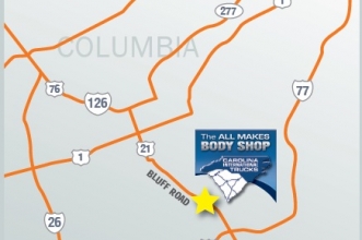 A map showing the location of Carolina International Trucks' body shop