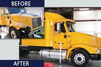A before and after photo of a yellow semi truck that was repaired