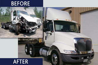 A before and after photo of a white semi truck that had its damaged hood repaired